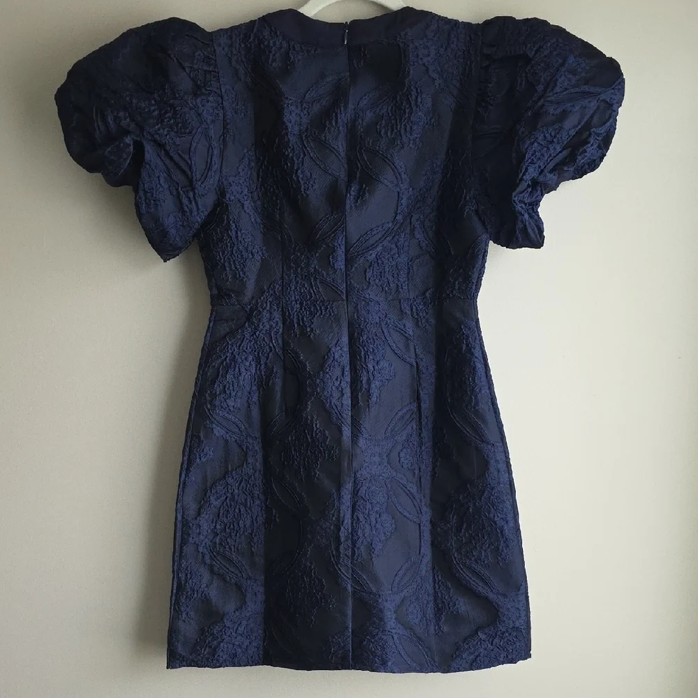 Navy Jacquard Mini Dress with Bow Accents - Picture 14 of 15
